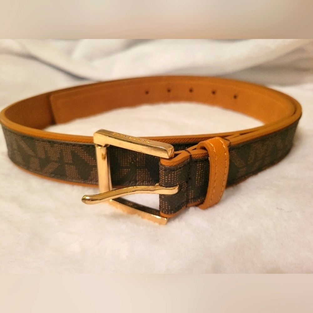 MICHAEL KORS WOMEN'S BELT MONOGRAM CHOCOLATE FAUX LEATHER GOLD-TONE BUCKLE
